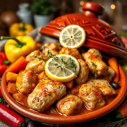 A beautifully arranged dish of chicken tagine seasoned with thyme and lemon, featuring tender pieces of chicken simmered in a fragrant sauce, with vibrant slices of lemon and fresh thyme sprigs garnishing the dish