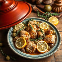 A beautifully styled plate of chicken tagine with lemon and thyme, featuring tender chicken pieces braised with fresh thyme sprigs and slices of zesty lemon, served in a traditional Moroccan tagine pot