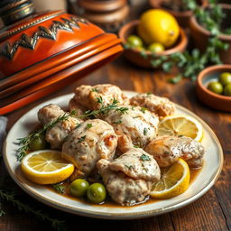 A beautifully styled plate of chicken tagine with lemon and thyme, featuring tender chicken pieces braised with fresh thyme sprigs and slices of zesty lemon, served in a traditional Moroccan tagine pot