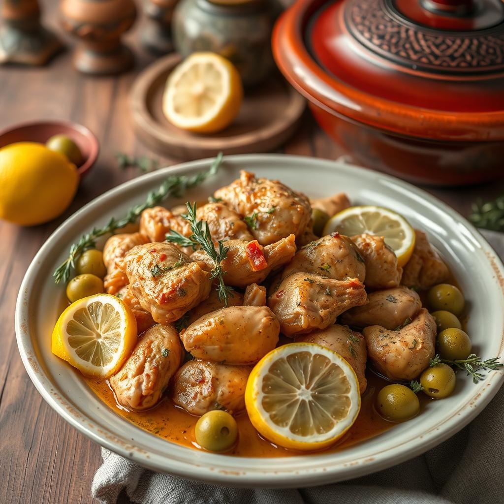 A beautifully styled plate of chicken tagine with lemon and thyme, featuring tender chicken pieces braised with fresh thyme sprigs and slices of zesty lemon, served in a traditional Moroccan tagine pot