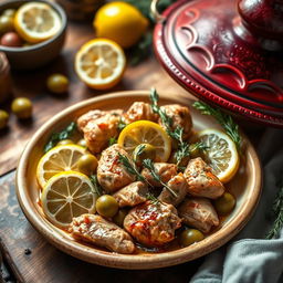 A beautifully styled plate of chicken tagine with lemon and thyme, featuring tender chicken pieces braised with fresh thyme sprigs and slices of zesty lemon, served in a traditional Moroccan tagine pot