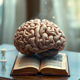 A surreal composition featuring a human brain seamlessly merging with an open book