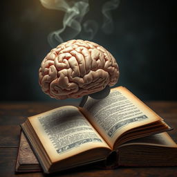 A surreal composition featuring a human brain seamlessly merging with an open book