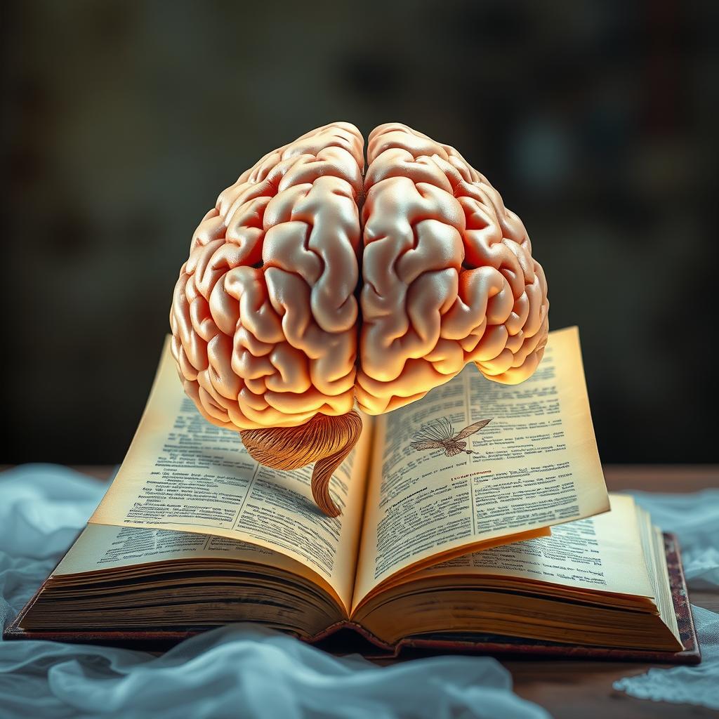 A surreal composition featuring a human brain seamlessly merging with an open book