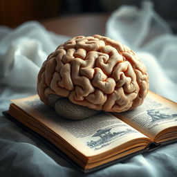 A surreal composition featuring a human brain seamlessly merging with an open book