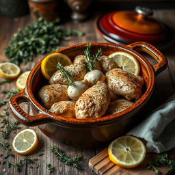 A beautiful scene of a luscious chicken thyme and lemon casserole, featuring tender pieces of chicken marinated in herbs and spices, arranged artfully in a rustic clay pot