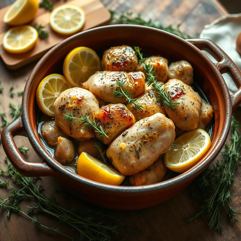 A beautiful scene of a luscious chicken thyme and lemon casserole, featuring tender pieces of chicken marinated in herbs and spices, arranged artfully in a rustic clay pot
