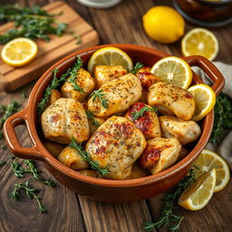 A beautiful scene of a luscious chicken thyme and lemon casserole, featuring tender pieces of chicken marinated in herbs and spices, arranged artfully in a rustic clay pot