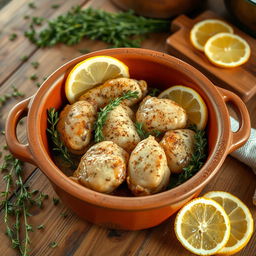 A beautiful scene of a luscious chicken thyme and lemon casserole, featuring tender pieces of chicken marinated in herbs and spices, arranged artfully in a rustic clay pot