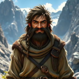 A rugged male mountain dwarf with dark brown hair and striking green eyes, dressed in traditional dwarf attire featuring intricate details
