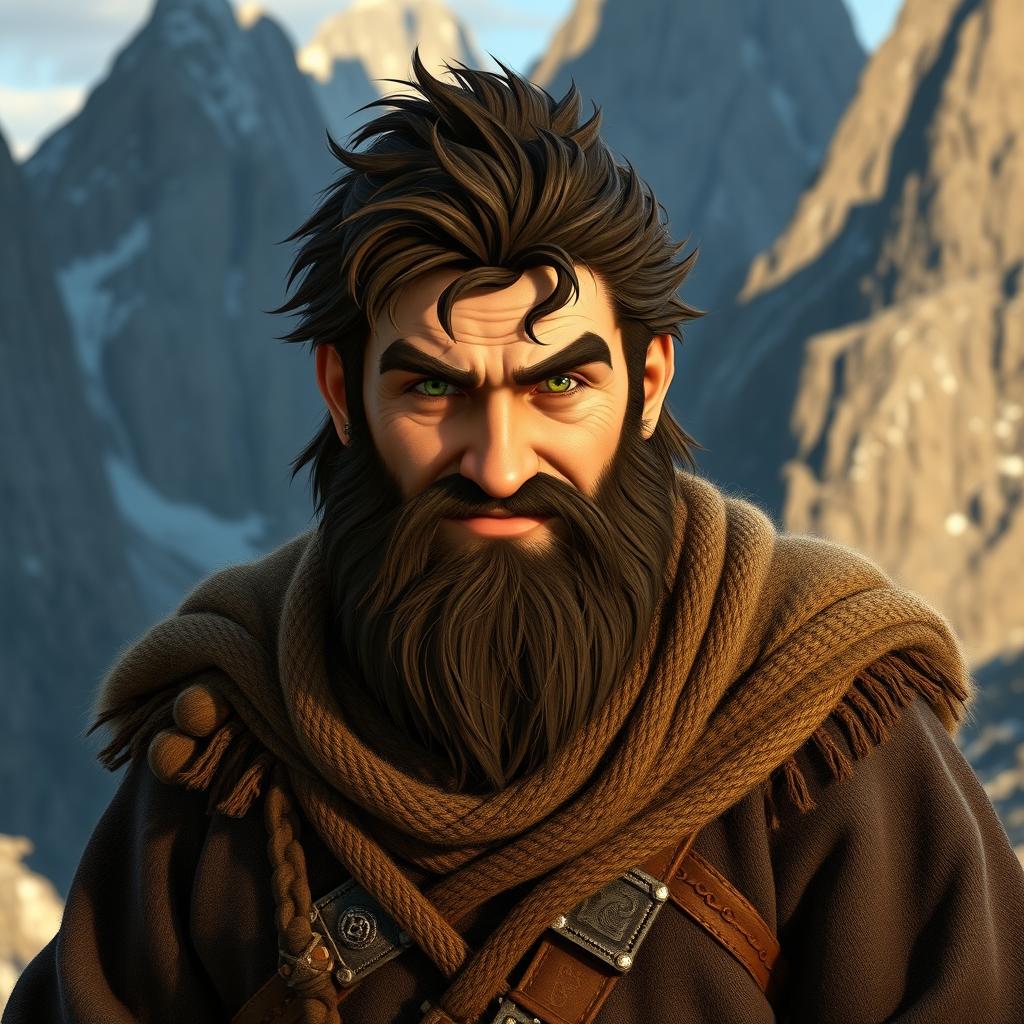 A rugged male mountain dwarf with dark brown hair and striking green eyes, dressed in traditional dwarf attire featuring intricate details