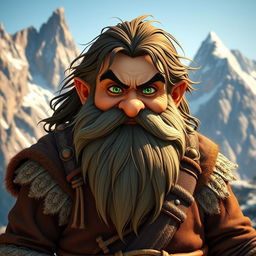 A rugged male mountain dwarf with dark brown hair and striking green eyes, dressed in traditional dwarf attire featuring intricate details