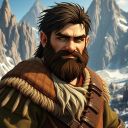 A rugged male mountain dwarf with dark brown hair and striking green eyes, dressed in traditional dwarf attire featuring intricate details