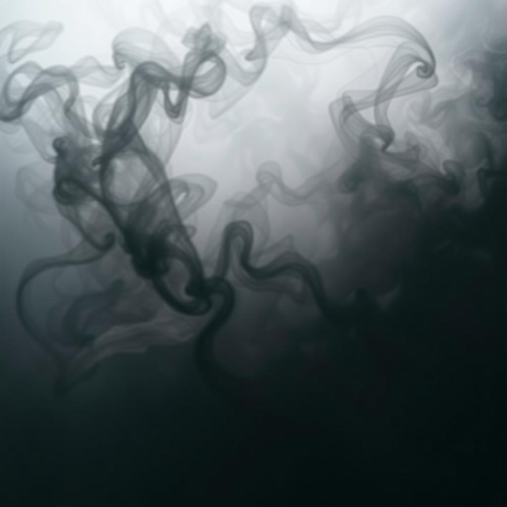 A dramatic scene filled with swirling, dense smoke in varying shades of gray and black, creating an atmosphere of mystery and intrigue