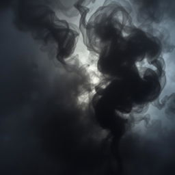 A dramatic scene filled with swirling, dense smoke in varying shades of gray and black, creating an atmosphere of mystery and intrigue