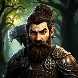 A male dwarf with dark brown hair styled in a bun, showcasing vibrant green eyes