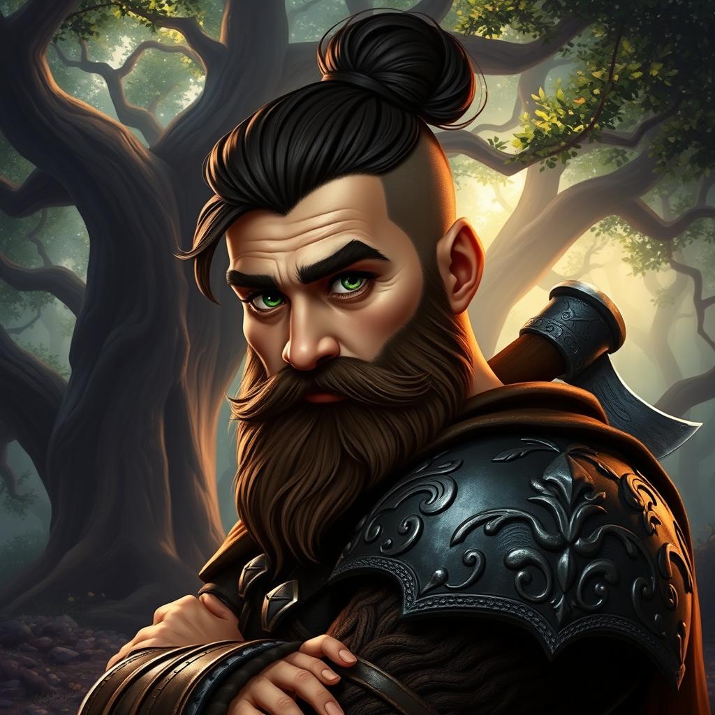 A male dwarf with dark brown hair styled in a bun, showcasing vibrant green eyes