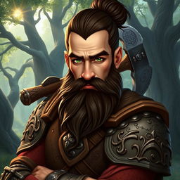 A male dwarf with dark brown hair styled in a bun, showcasing vibrant green eyes