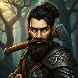 A male dwarf with dark brown hair styled in a bun, showcasing vibrant green eyes