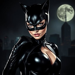A stunning portrait of Catwoman in a dynamic pose, showcasing her sleek black catsuit and signature mask