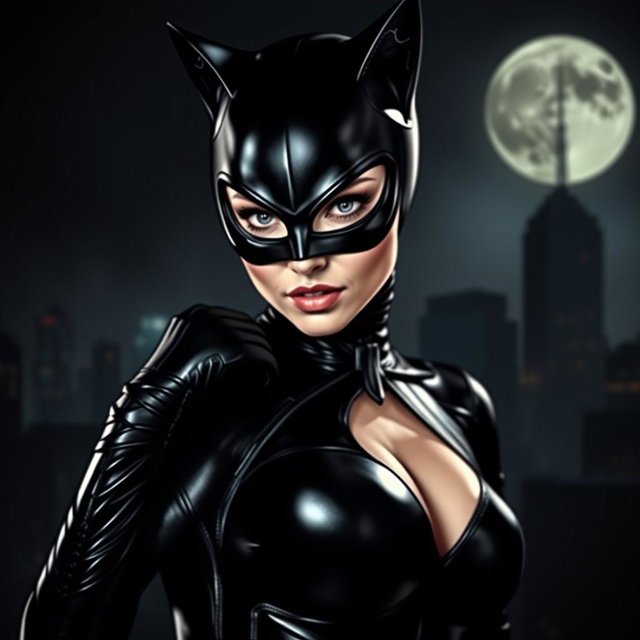 A stunning portrait of Catwoman in a dynamic pose, showcasing her sleek black catsuit and signature mask