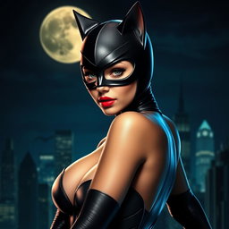 A stunning portrait of Catwoman in a dynamic pose, showcasing her sleek black catsuit and signature mask