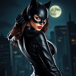 A stunning portrait of Catwoman in a dynamic pose, showcasing her sleek black catsuit and signature mask