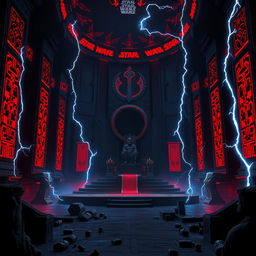 A dark and ominous backdrop inspired by Emperor Palpatine, featuring a throne room reminiscent of the Death Star or Exegol