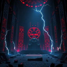 A dark and ominous backdrop inspired by Emperor Palpatine, featuring a throne room reminiscent of the Death Star or Exegol