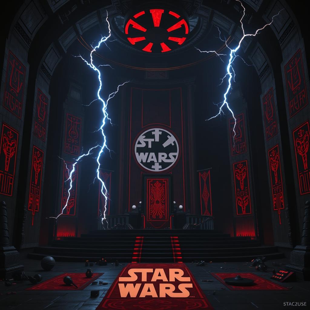 A dark and ominous backdrop inspired by Emperor Palpatine, featuring a throne room reminiscent of the Death Star or Exegol