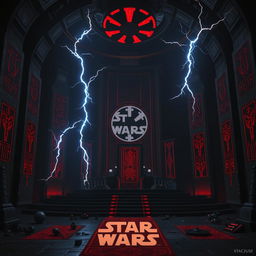A dark and ominous backdrop inspired by Emperor Palpatine, featuring a throne room reminiscent of the Death Star or Exegol