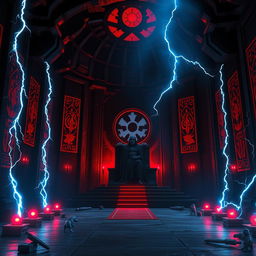 A dark and ominous backdrop inspired by Emperor Palpatine, featuring a throne room reminiscent of the Death Star or Exegol