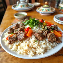 A beautifully arranged plate of traditional Plov, a Central Asian rice dish, garnished with tender chunks of lamb or beef, colorful vegetables like carrots and bell peppers, and topped with a sprinkle of fresh herbs