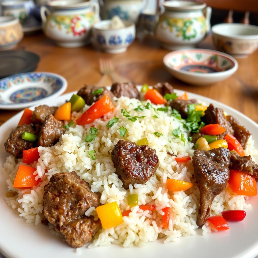 A beautifully arranged plate of traditional Plov, a Central Asian rice dish, garnished with tender chunks of lamb or beef, colorful vegetables like carrots and bell peppers, and topped with a sprinkle of fresh herbs