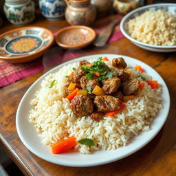 A beautifully arranged plate of traditional Plov, a Central Asian rice dish, garnished with tender chunks of lamb or beef, colorful vegetables like carrots and bell peppers, and topped with a sprinkle of fresh herbs