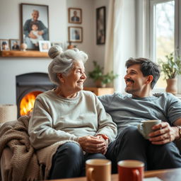 A heartwarming scene depicting an elderly mother and her adult son sitting together in a cozy living room