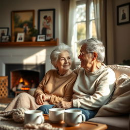 A heartwarming scene depicting an elderly mother and her adult son sitting together in a cozy living room