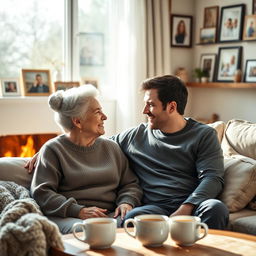 A heartwarming scene depicting an elderly mother and her adult son sitting together in a cozy living room