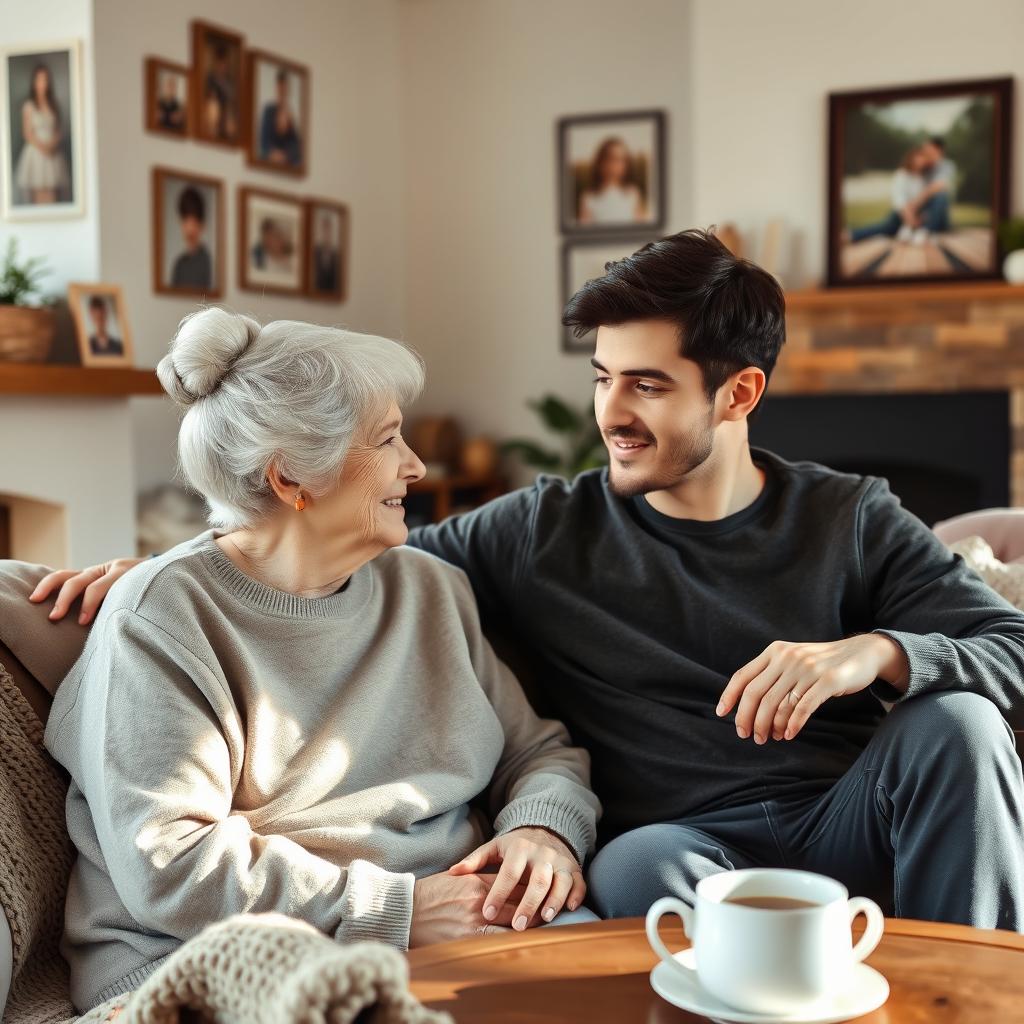A heartwarming scene depicting an elderly mother and her adult son sitting together in a cozy living room