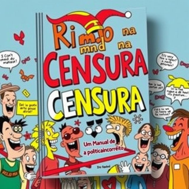 A creative book cover design featuring the title "Rindo na Censura: Um Manual de Sobrevivência ao Politicamente Incorreto" in bold and playful typography