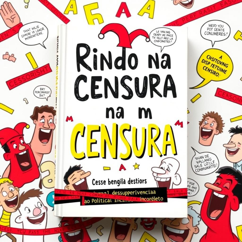 A creative book cover design featuring the title "Rindo na Censura: Um Manual de Sobrevivência ao Politicamente Incorreto" in bold and playful typography