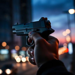 A close-up image of a hand holding a sleek, modern handgun with a dark finish