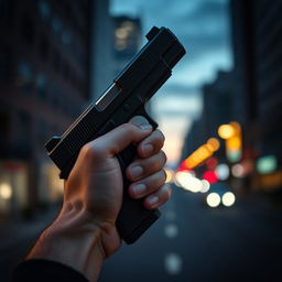 A close-up image of a hand holding a sleek, modern handgun with a dark finish
