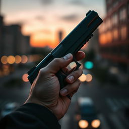 A close-up image of a hand holding a sleek, modern handgun with a dark finish