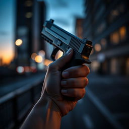 A close-up image of a hand holding a sleek, modern handgun with a dark finish