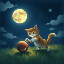 A serene night scene depicting a whimsical cat playing with a glowing football under a full moon