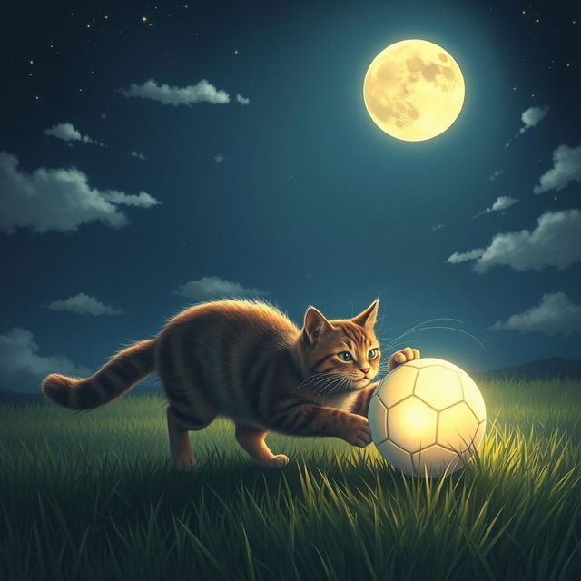 A serene night scene depicting a whimsical cat playing with a glowing football under a full moon