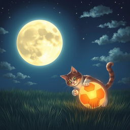 A serene night scene depicting a whimsical cat playing with a glowing football under a full moon