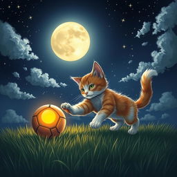 A serene night scene depicting a whimsical cat playing with a glowing football under a full moon