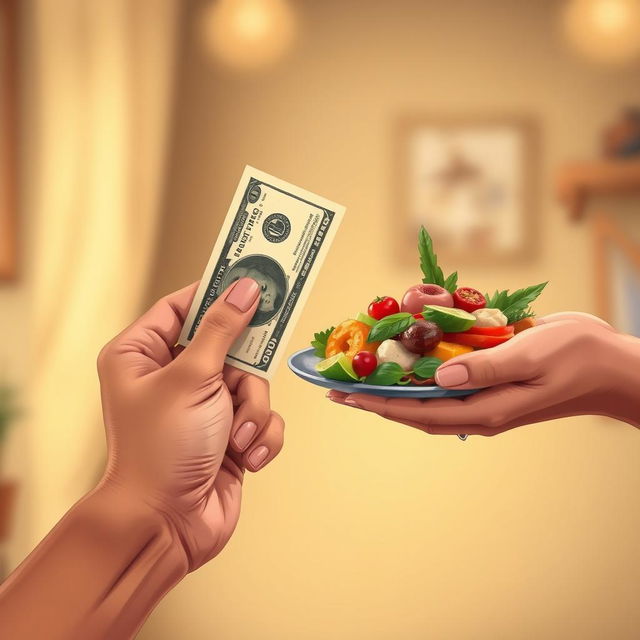A metaphorical illustration of two hands in a close-up, one hand is presenting a crisp dollar bill and the other hand is offering a plate of delicious, colorful food